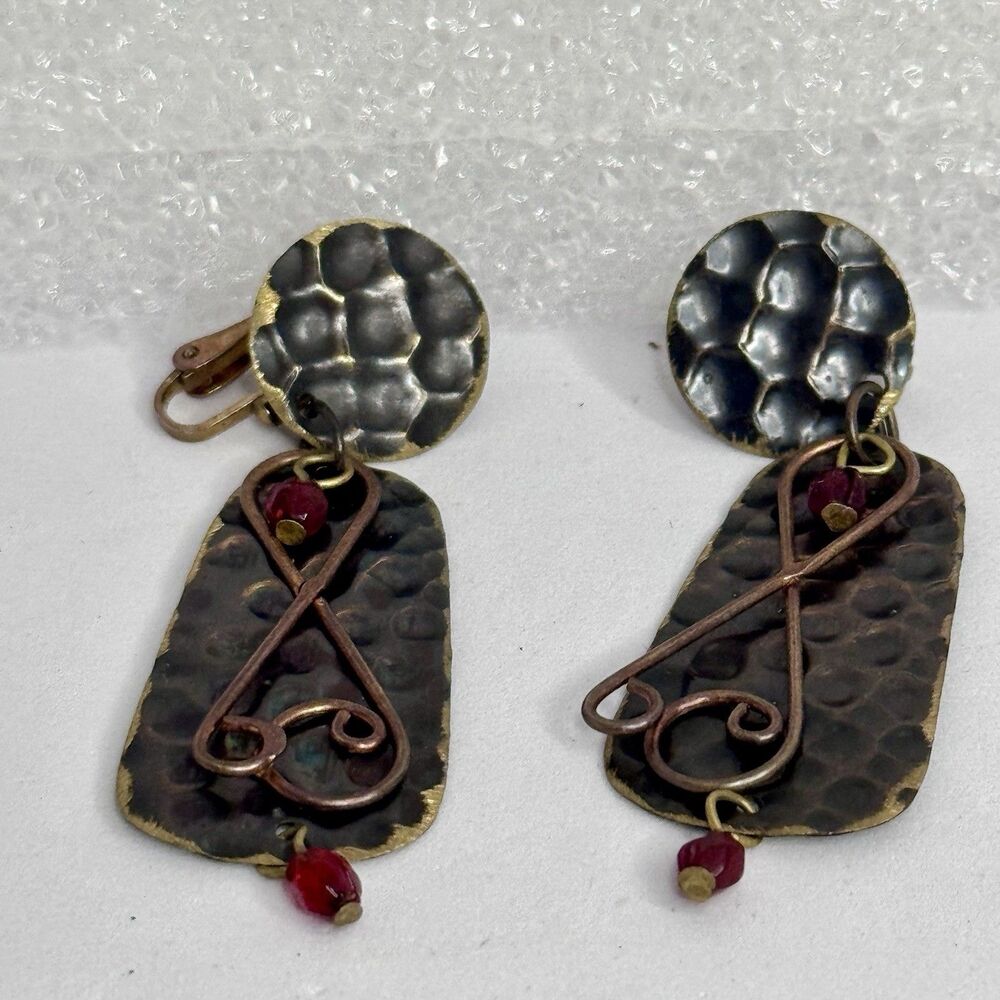 Vintage Hammered Copper & Brass Clip On Red Bead Dangle Earrings Boho Fashion